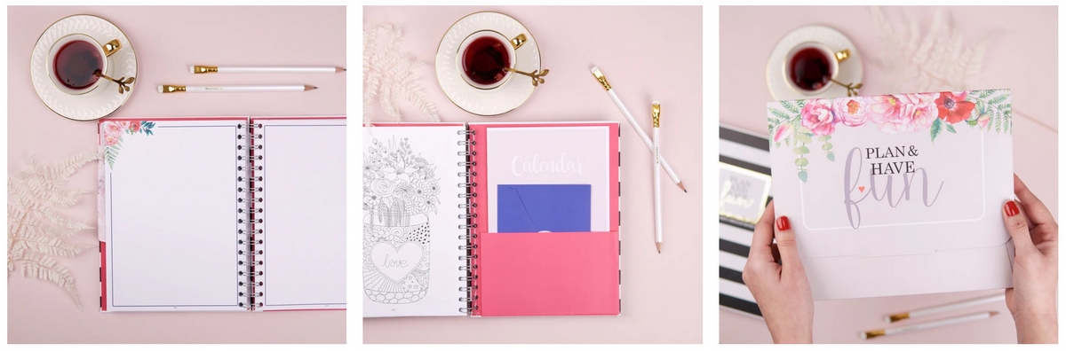 Colaj interior cu pagini ale planner-ului de nuntă, calendar și secțiuni pentru planificare, idei și furnizori