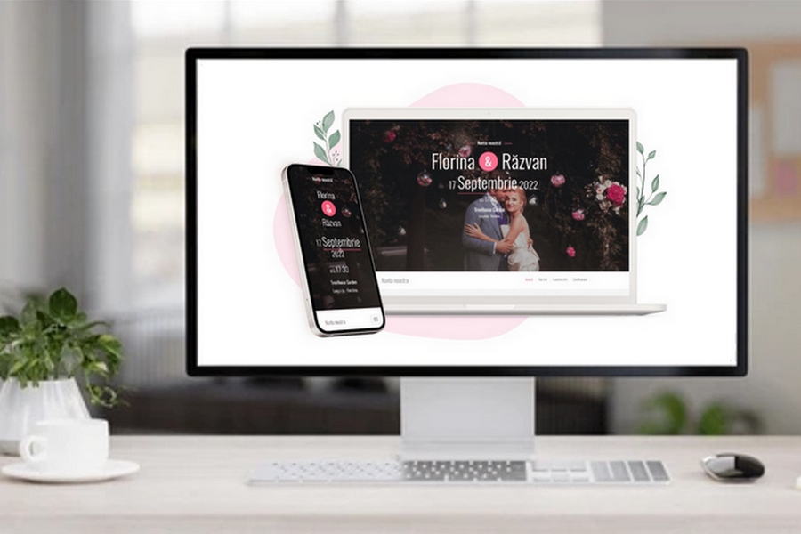 Invitație online pentru nuntă și botez, afișată pe laptop și telefon, cu design modern și confirmări RSVP rapide