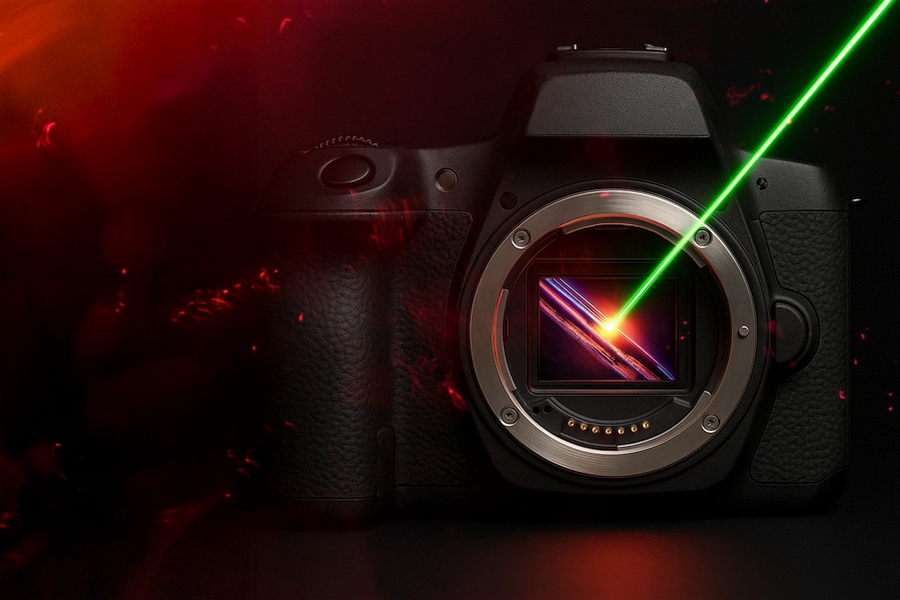 Rază laser care lovește direct senzorul camerei foto, riscând deteriorarea permanentă a imaginii
