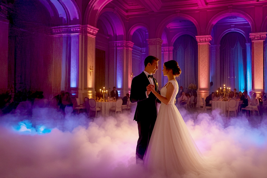 Miri dansând într-un ballroom grandios, înconjurați de fum greu creat cu gheață carbonică și lumini arhitecturale colorate – AdPhoto