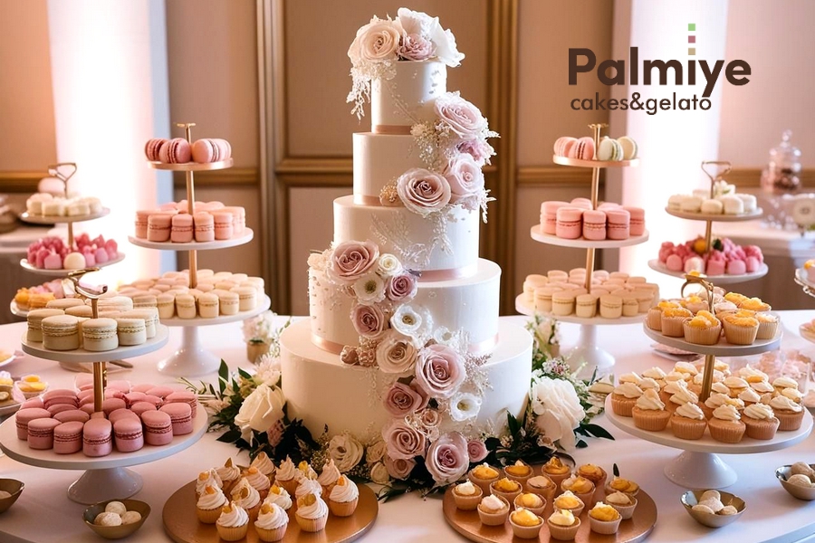 Tort și candy bar Palmiye Cakes & Gelato – București | AdPhoto Tort elegant și candy bar realizate de Palmiye Cakes & Gelato pentru un eveniment din București – AdPhoto